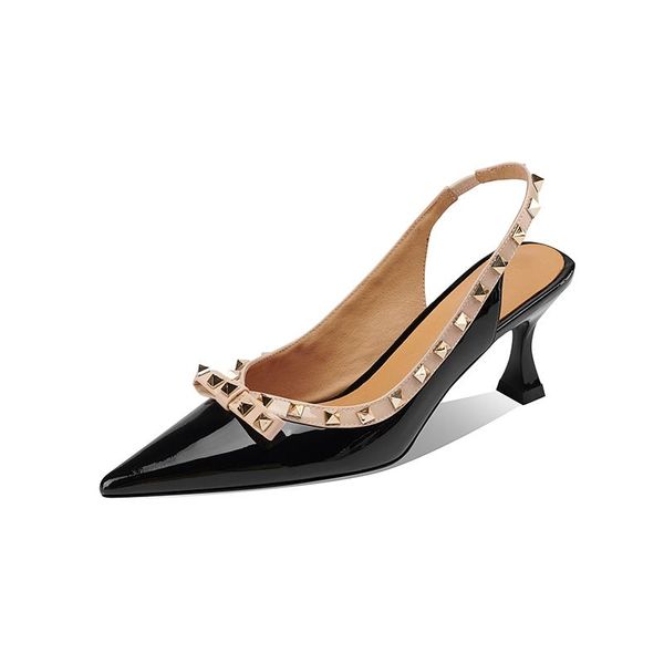 sandals kmeioo genuine leather rivets high heel pumps pointed toe thin heels party female shoes office ladies wedding 6.5cm, Black